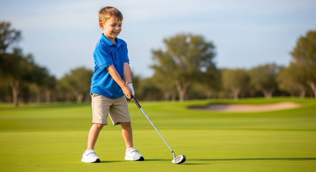 Young child holding lightweight junior golf club in proper stance demonstrating correct club sizing for beginner golfers