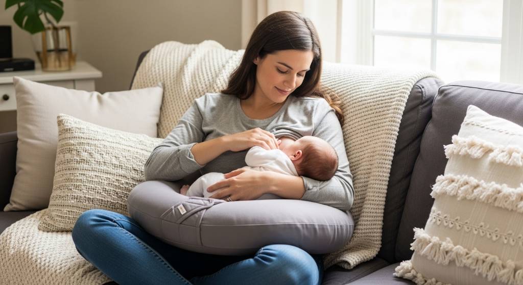 Mom comfortably breastfeeding newborn using a firm wrap-around nursing pillow on a cozy couch