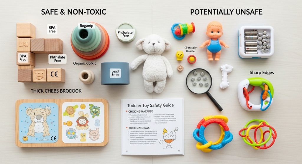 Parent checking labels on non-toxic toddler toys in a store