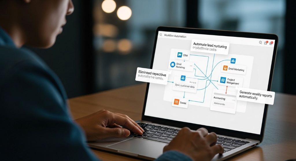 Person using workflow automation software on laptop to connect multiple business applications and eliminate repetitive tasks
