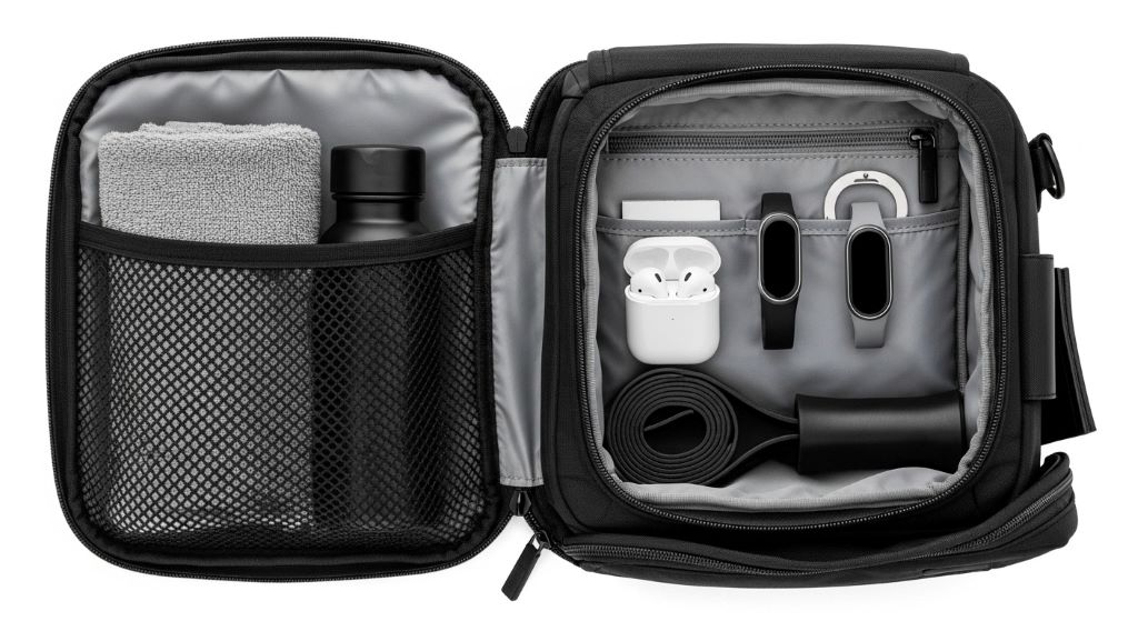 Professional compact gym bag with multiple compartments displaying organized workout gear and business items