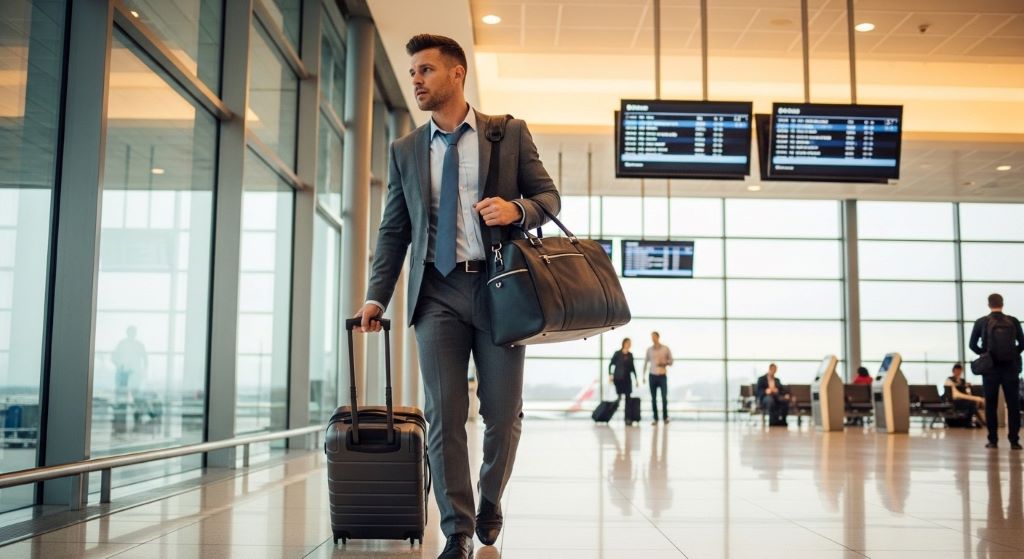 Business traveler carrying a sleek black gym bag through modern airport terminal with luggage