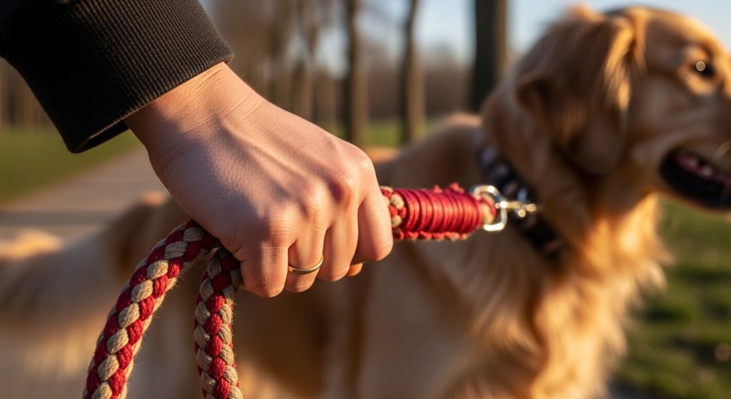 Close-up of person's hand holding durable braided rope dog leash attached to golden retriever collar during outdoor walk in park