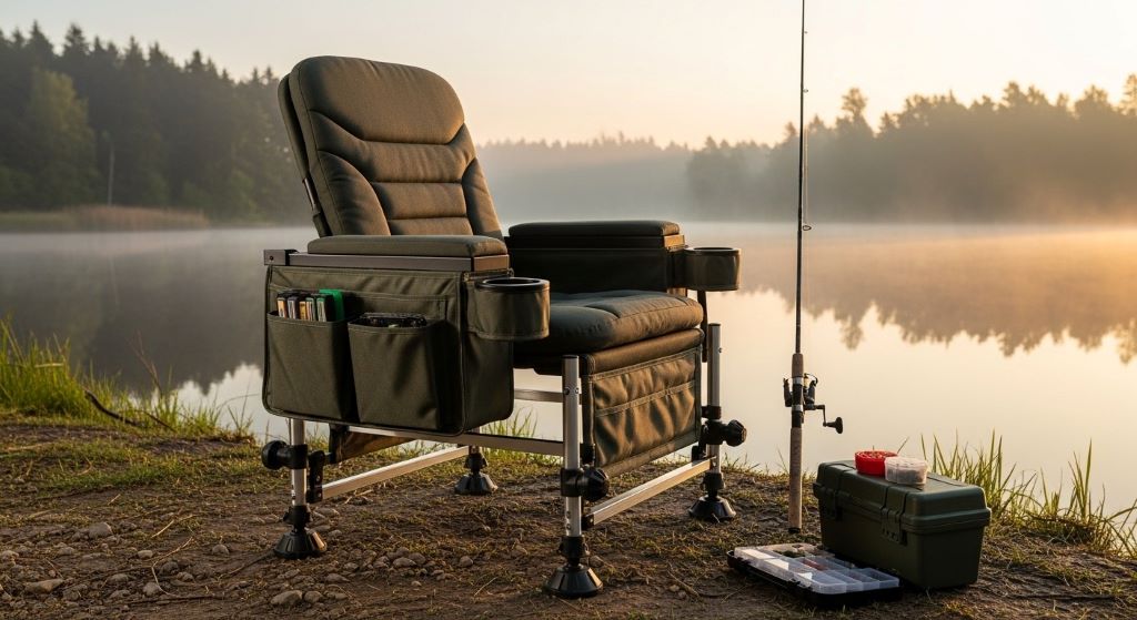 Comfortable fishing seat with storage pockets and cup holders providing support during extended fishing session