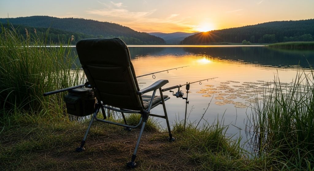 Portable fishing chair with padded seat and backrest set up beside lake for comfortable all-day angling