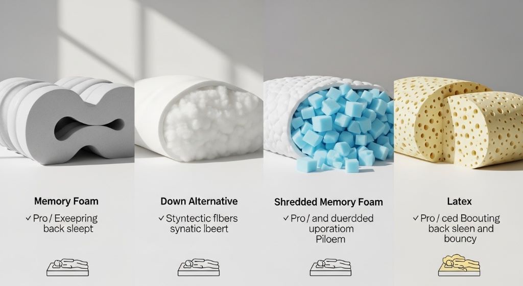 Comparison of affordable pillow materials including memory foam and down alternative options for back sleeping position