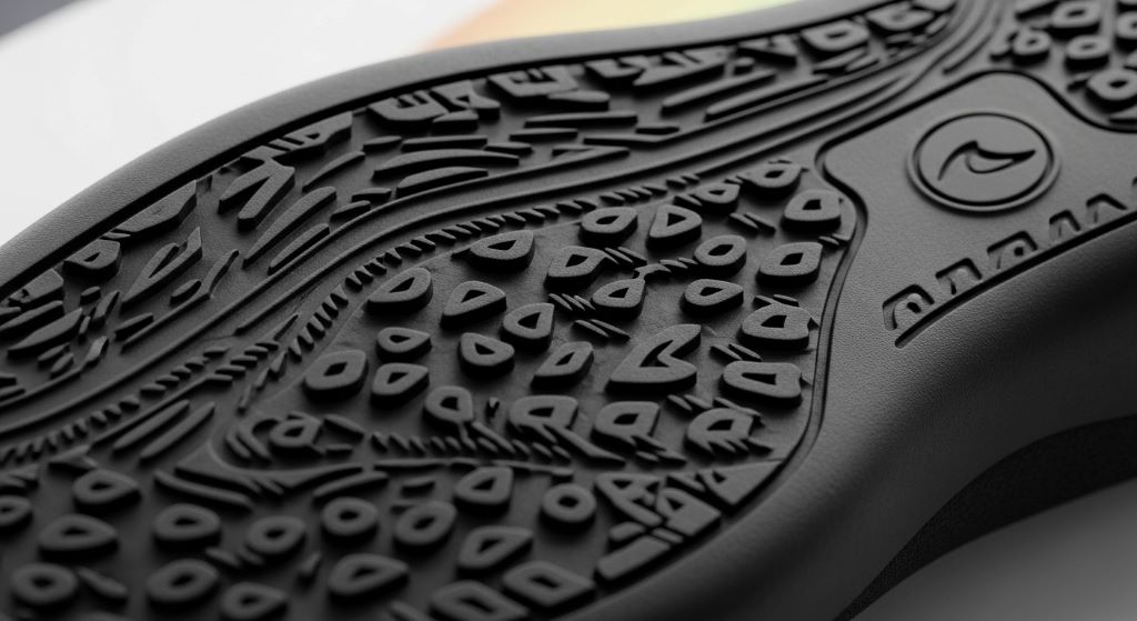 Close-up of specialized surf shoe sole showing advanced grip pattern designed for maximum traction on wet surfboard surface