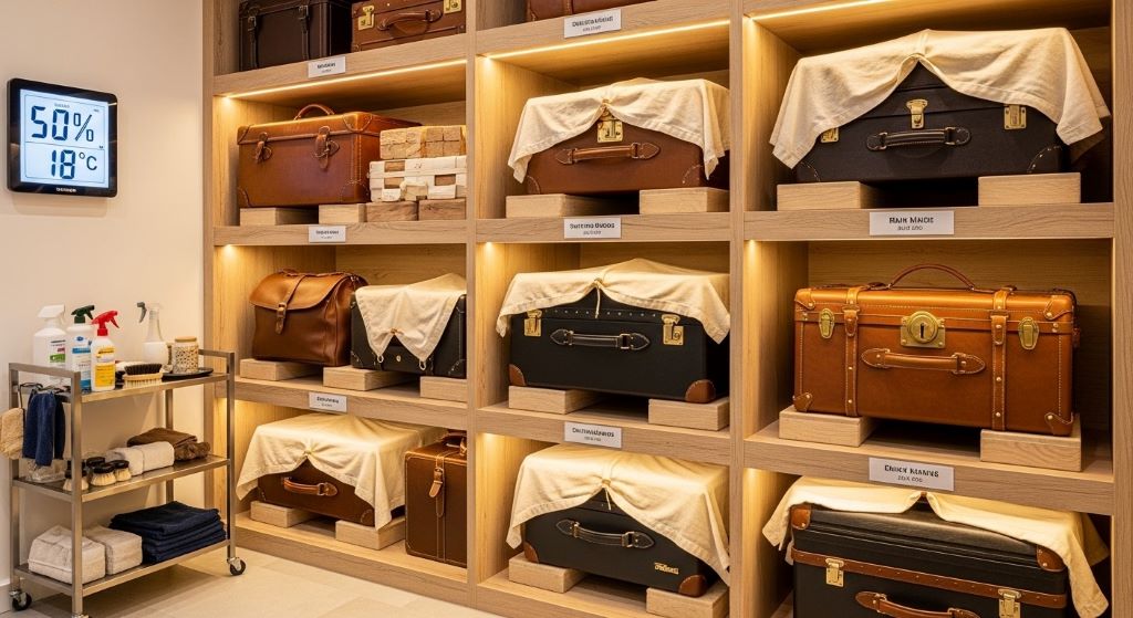 Organized luggage storage showing proper care techniques for long-term preservation