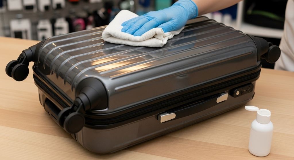 Clean travel suitcase being wiped down with cloth during routine maintenance