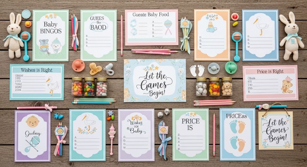 Colorful handmade baby shower game cards and supplies arranged on table