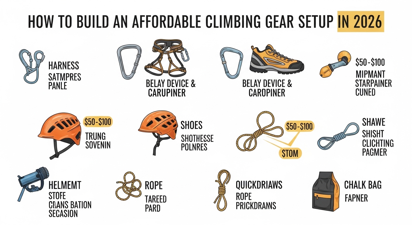 Budget climbing equipment laid out including rope, harness, helmet and belay device