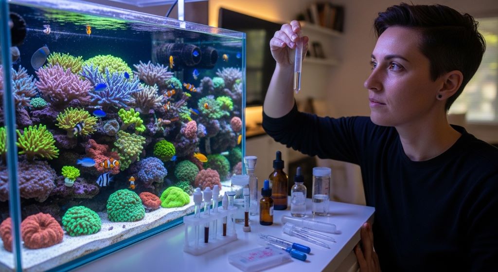 Aquarist testing water parameters in a colorful home reef aquarium