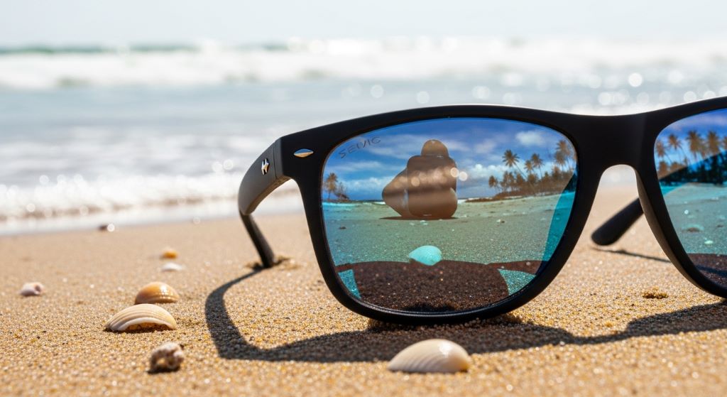 Close-up of men's beach sunglasses with mirrored polarized lenses resting on sand near the water's edge