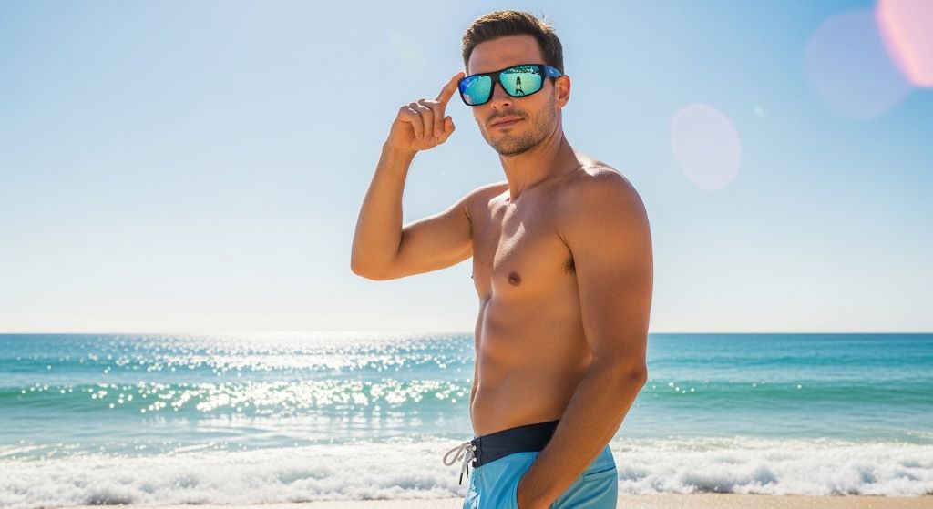 A man wearing wraparound polarized sunglasses on a sunny beach with ocean waves in the background, demonstrating UV protection eyewear