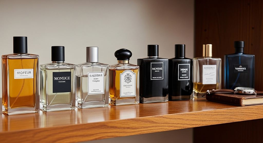 A collection of men’s cologne bottles arranged neatly on a wooden shelf, representing classic fragrance choices for everyday wear