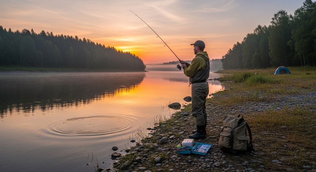 Angler fishing from a riverbank at sunrise during a budget travel trip