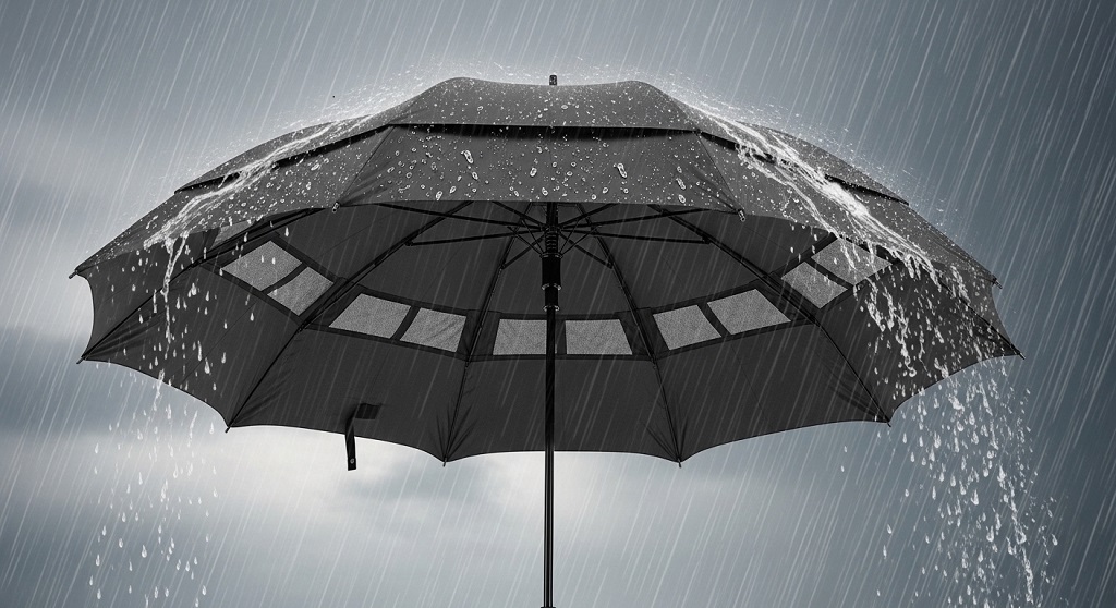 double canopy golf umbrella structure showing vented airflow design
