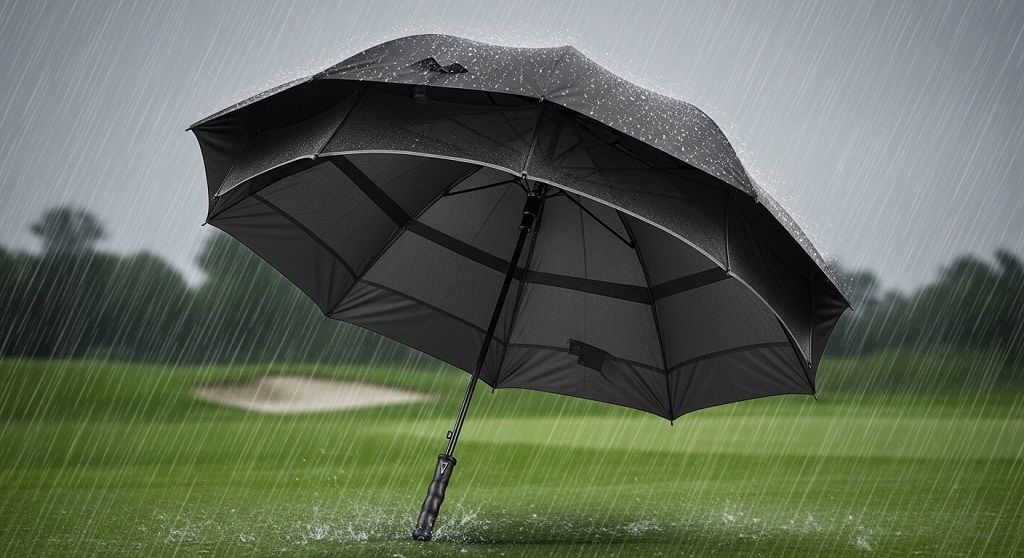 large wind resistant golf umbrella protecting user during heavy rain
