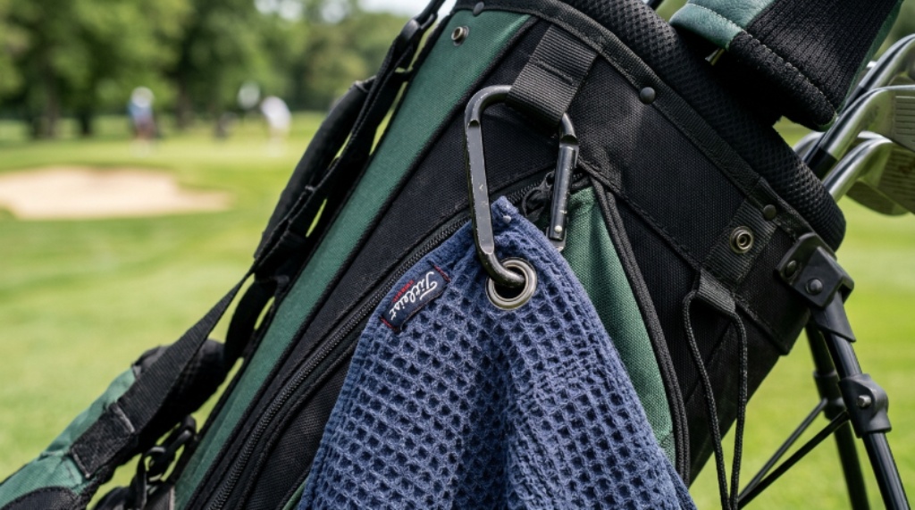 Close-up of a waffle-weave golf towel clipped to a golf bag with a metal carabiner showing texture detail