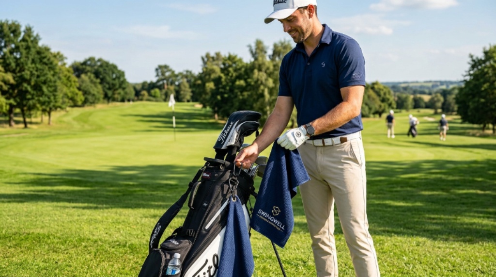 Golfer attaching a premium microfiber golf towel to a carry bag on a sunny fairway during a round