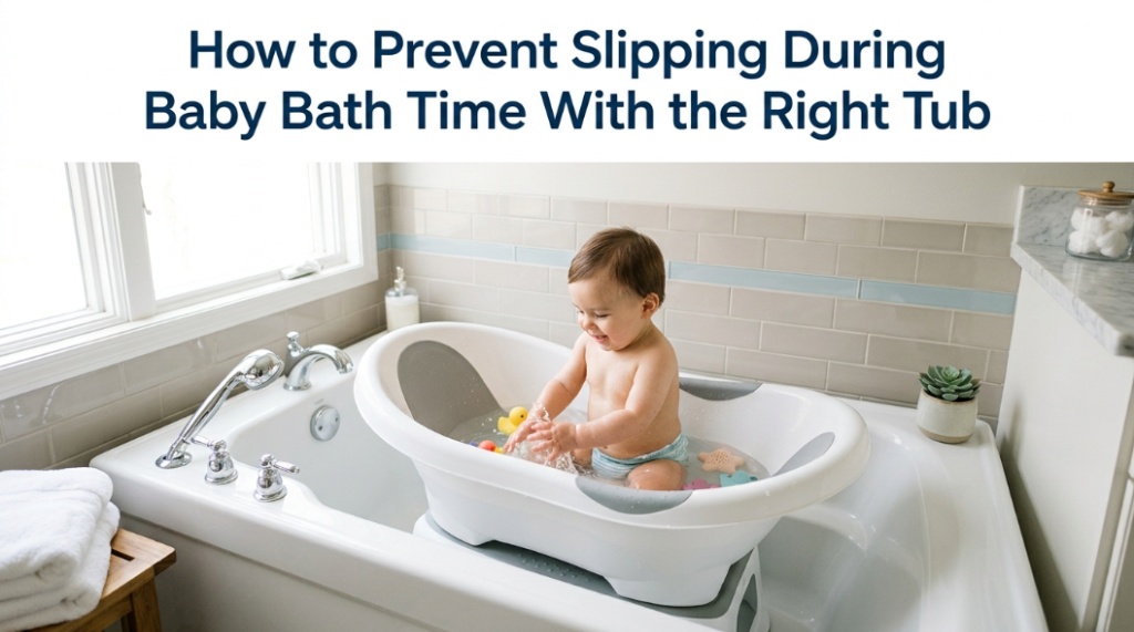 An ergonomic non-slip baby bathtub in a bright bathroom with safety-focused title text overlay.
