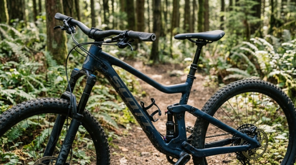 Close-up of ergonomic bike design features including handlebar grip and saddle on a mountain bike