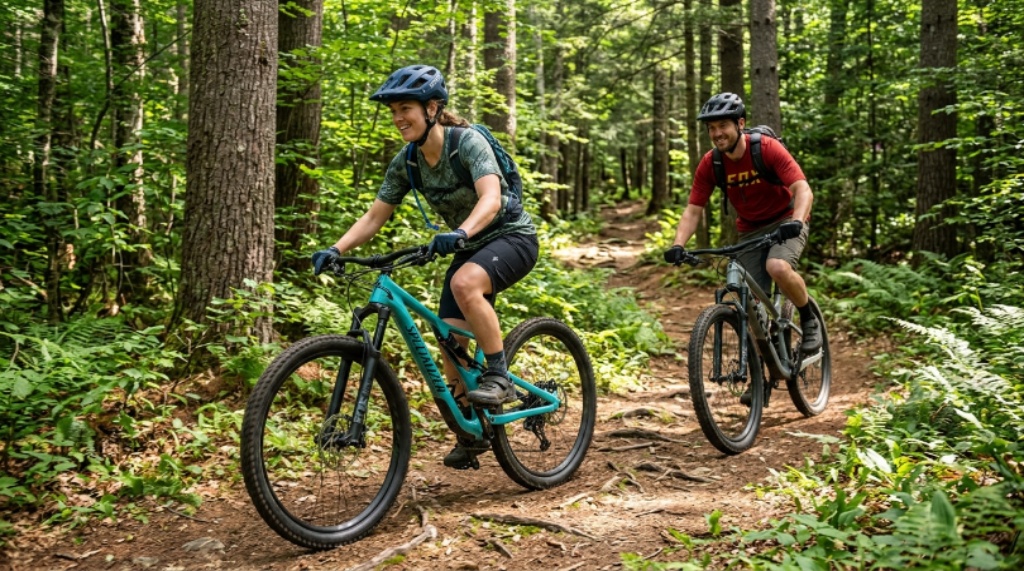 Man and woman riding mountain bikes on a forest trail, showcasing comfort riding and proper bike fit