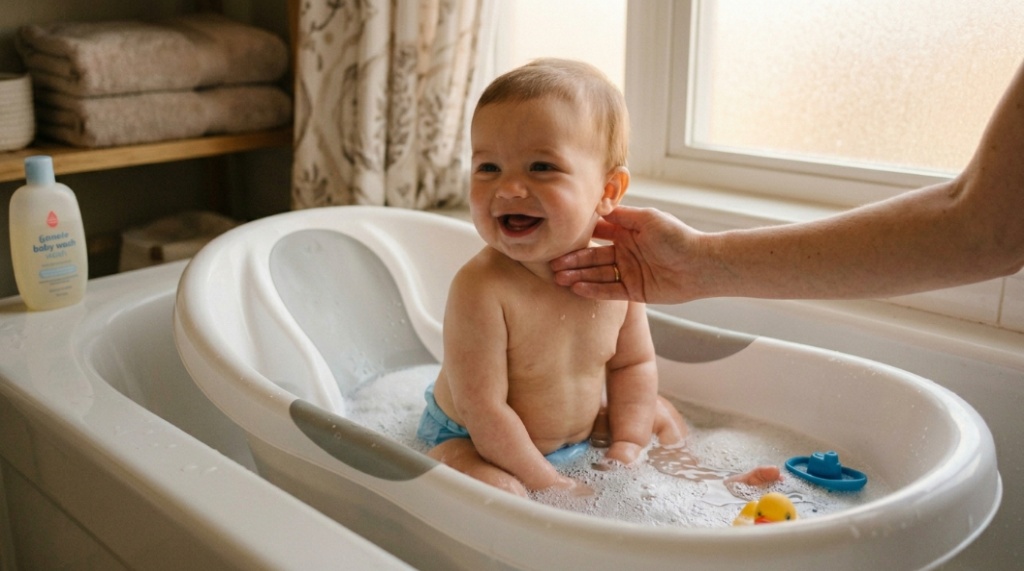 A secure infant sitting in a contoured baby tub while a parent provides gentle support during bath time.