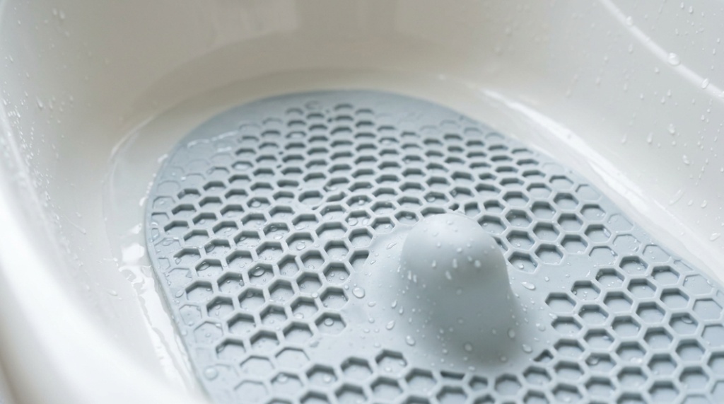 Close-up of a textured silicone non-slip surface inside a plastic baby bathtub for enhanced grip.