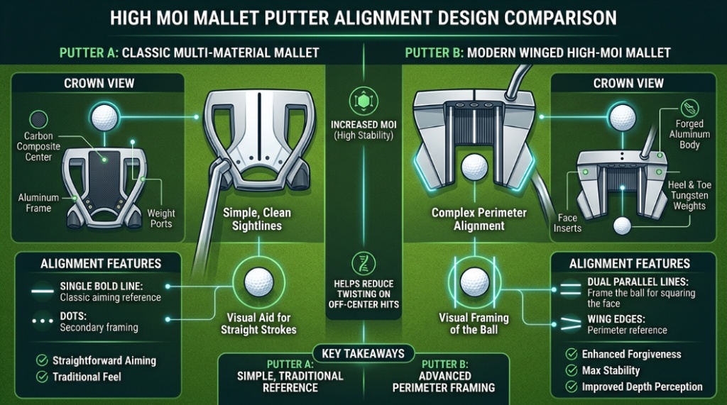 best mallet putters for men lineup on putting green