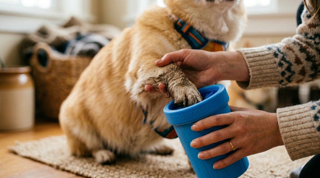 A Golden Retriever sitting next to a dog paw cleaner cup with article title text.