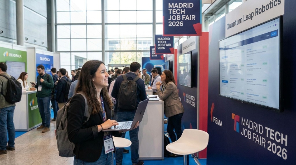 A developer reviewing job listings at a company booth during the Madrid Tech Job Fair 2026