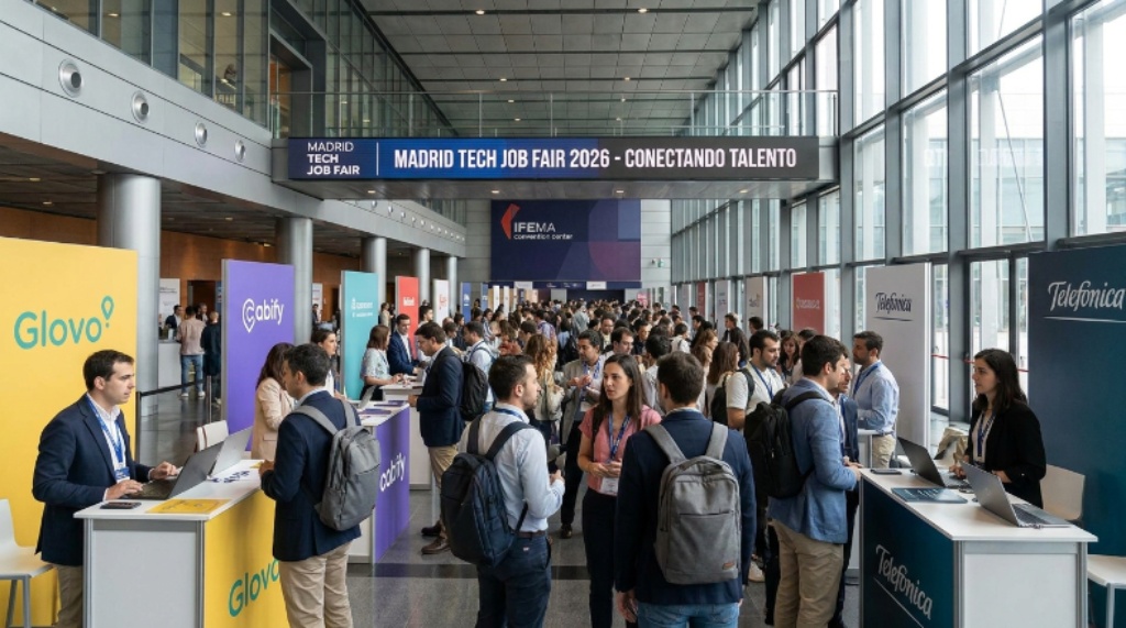 Job seekers networking with tech recruiters at the Madrid Tech Job Fair 2026 inside IFEMA convention center