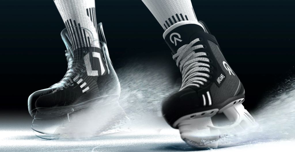 Close-up of hockey and figure ice skates during blade sharpening, highlighting smooth edges and affordable maintenance in New York