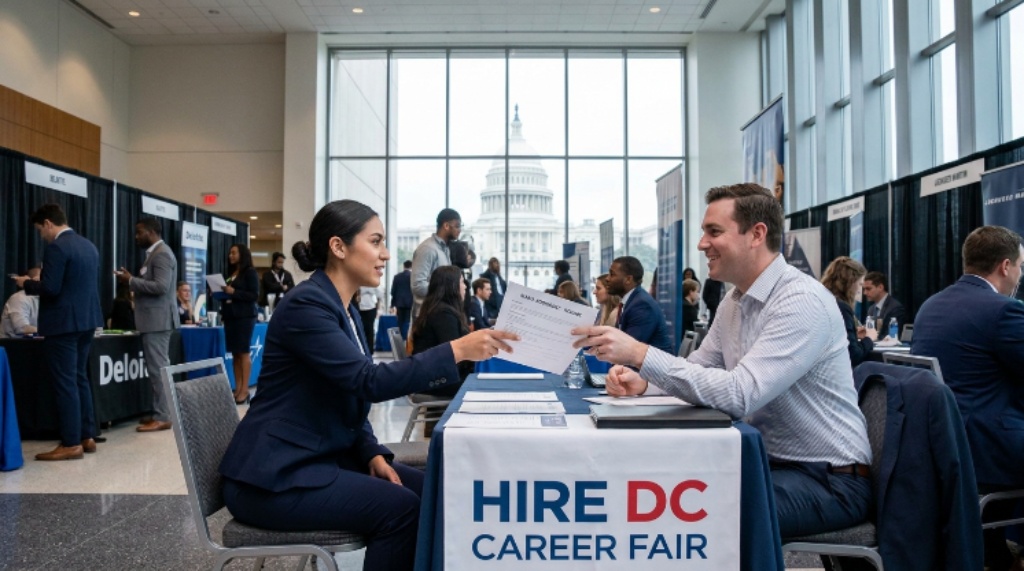 Professional woman handing resume to recruiter at a Washington DC career fair