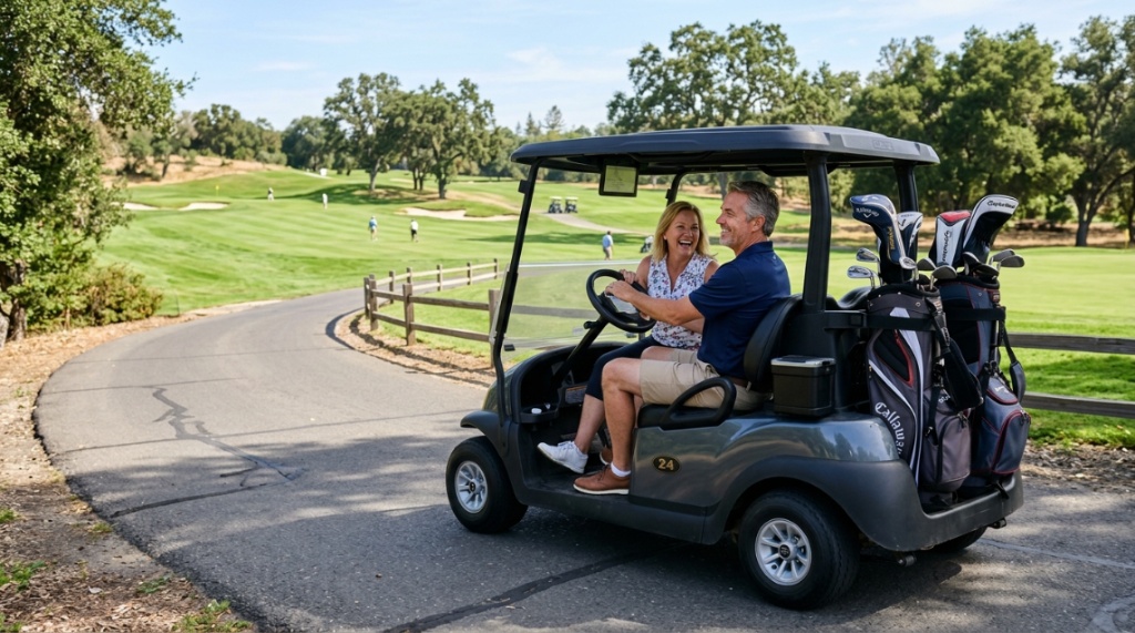 An adult couple driving a gray golf cart along a paved path next to a golf course.