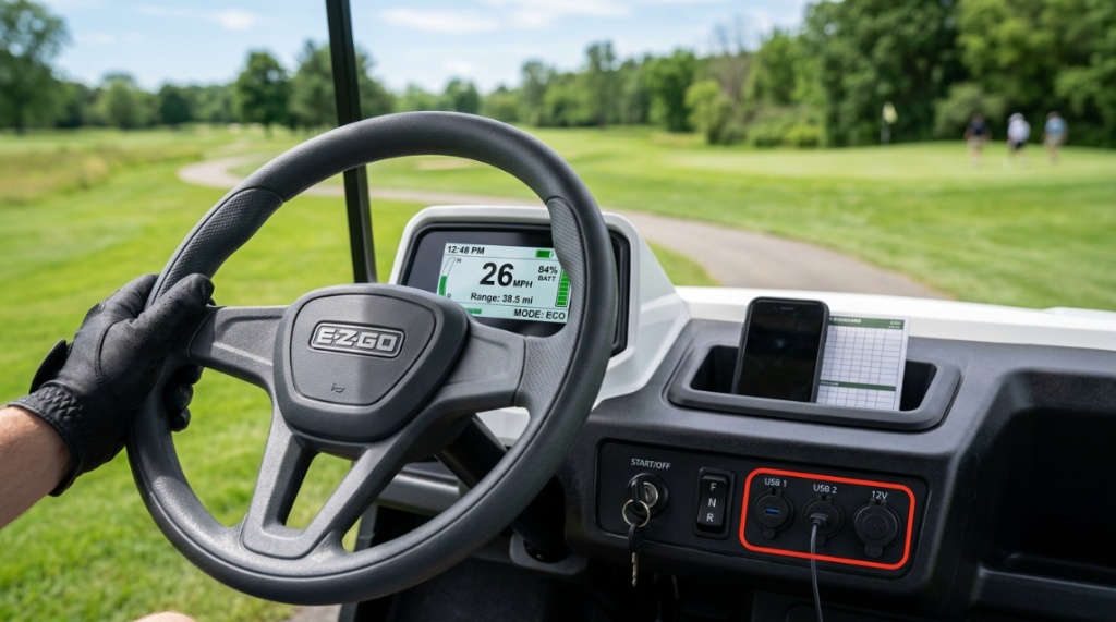 Close up view of a budget friendly golf cart dashboard showing digital display and steering wheel.