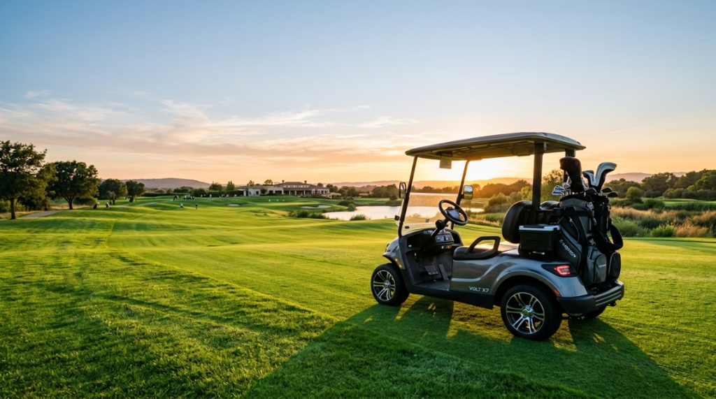 A modern electric golf cart parked on a lush green fairway under a clear evening sky.