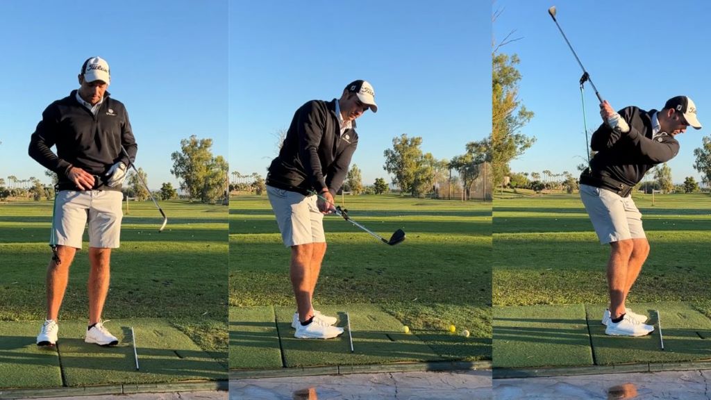 Beginner golfer using a golf grip trainer to improve swing technique