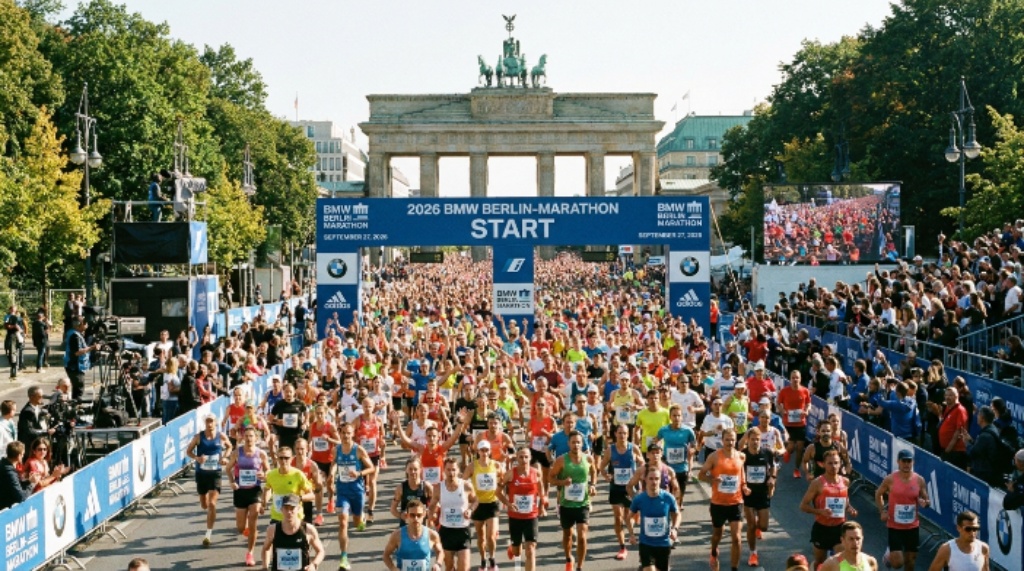 Thousands of runners crossing the start line on Straße des 17. Juni at the 2026 BMW Berlin-Marathon in Berlin, Germany