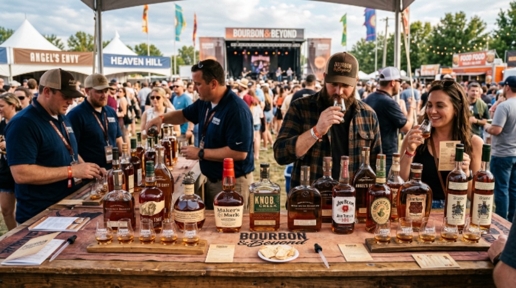 Bourbon tasting table at Bourbon and Beyond festival with multiple distillery bottles