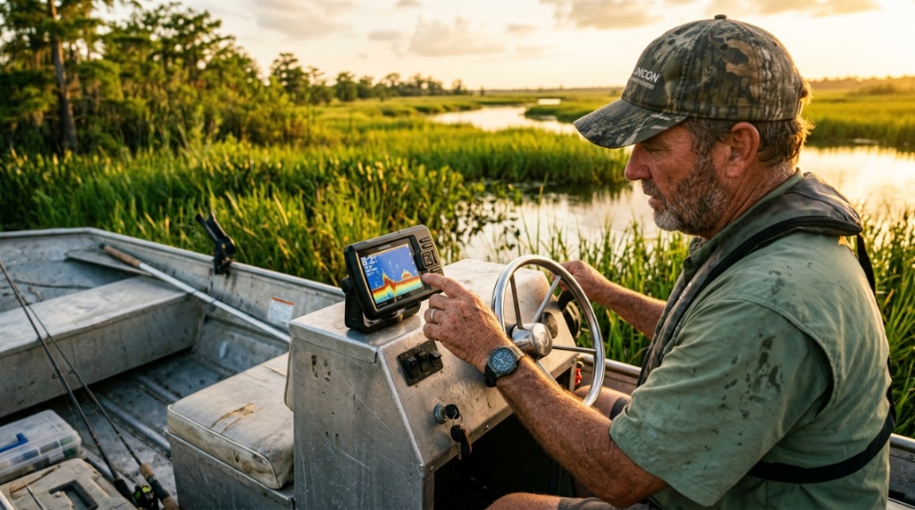 Angler viewing a budget fish finder screen on a boat in Louisiana marshes.
