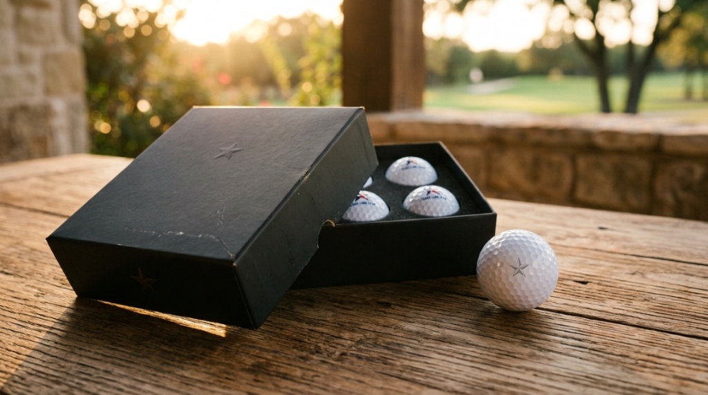 A premium golf ball gift box resting on a rustic wooden table in warm sunlight.