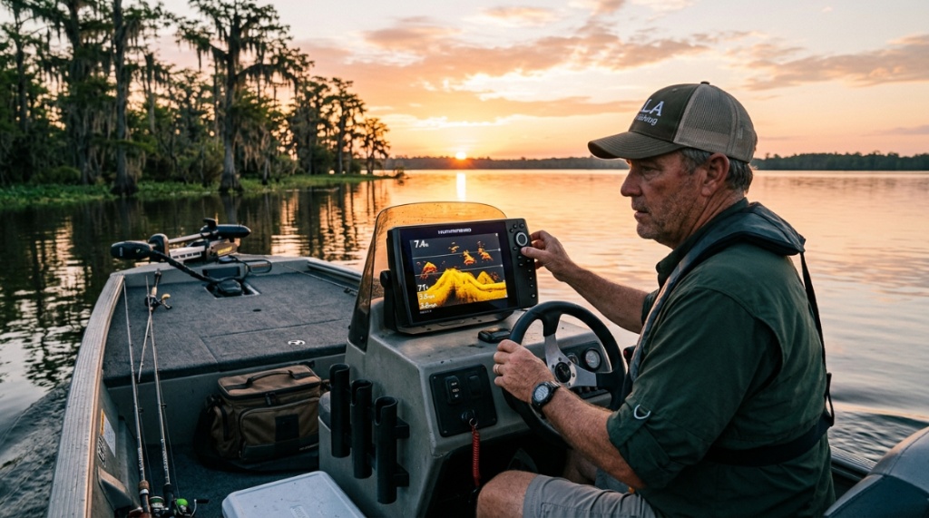 Colorful fish finder screen showing bottom contours on a shallow lake.