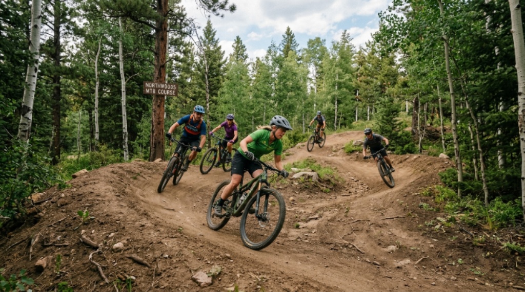 Cyclists crossing rolling terrain on Northwoods MTB course