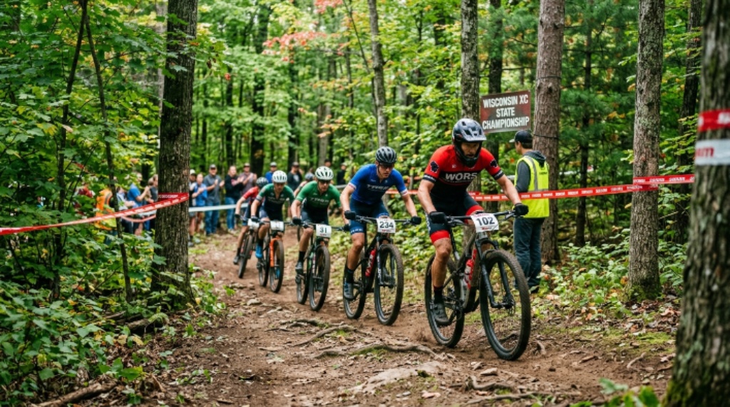 Mountain bikers riding forest trail during Wisconsin race weekend