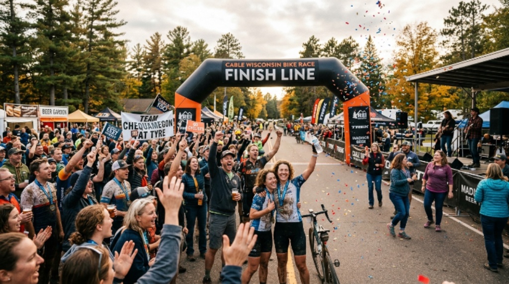 Finish line festival crowd celebrating at Cable Wisconsin bike race