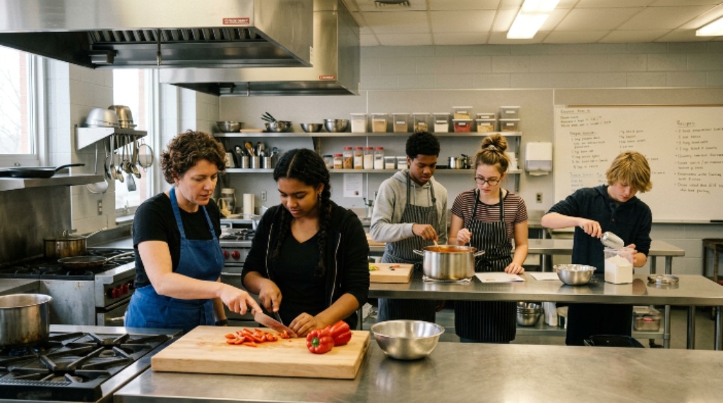 High school students learning cooking techniques in a classroom kitchen