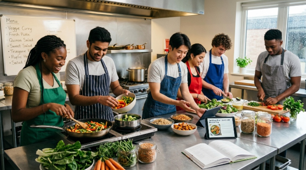 Student cooking club members collaborating to make nutritious recipes