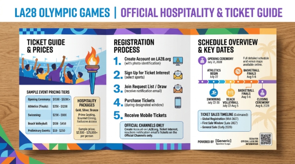 Official LA28 Olympic hospitality and ticket guide showing prices, registration process, and schedule details